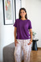 Women summer pajama set Purple Tee + Minimal floral vine Pants
